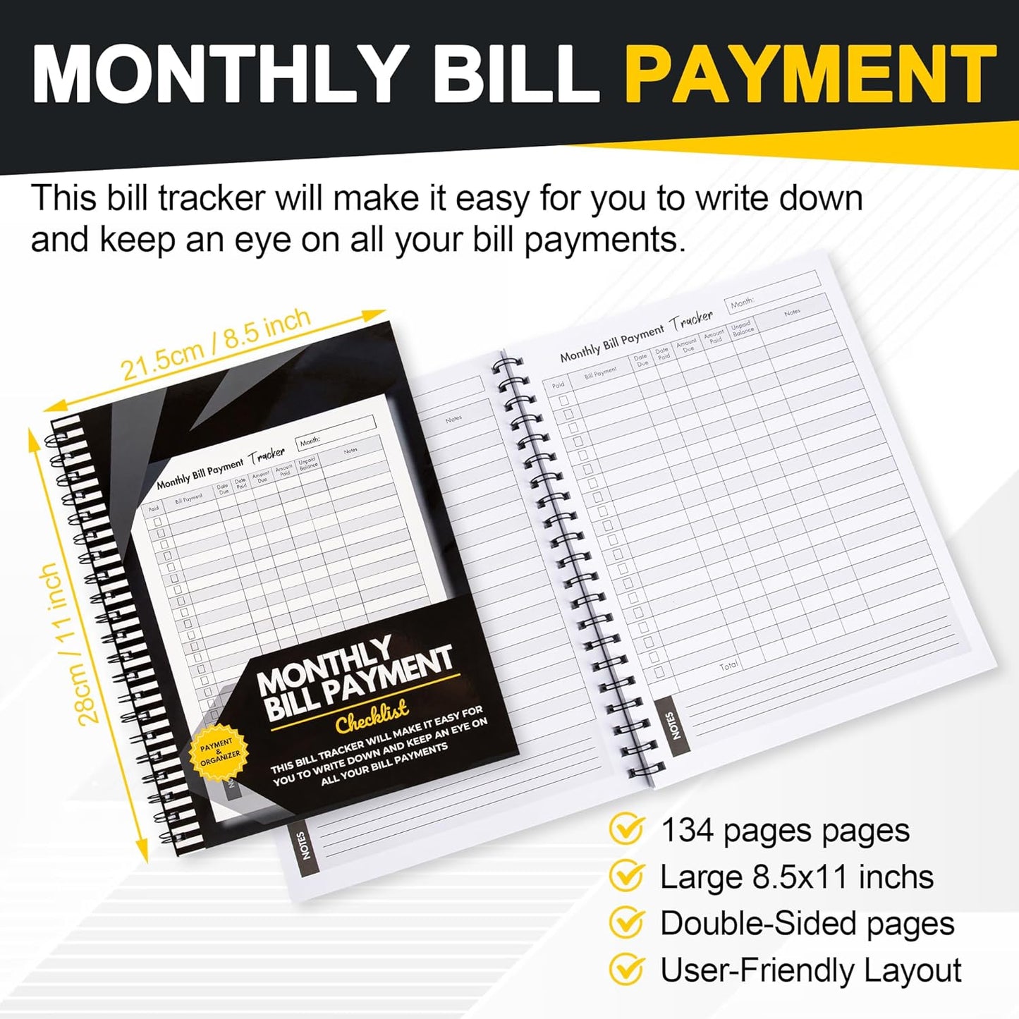 Bill Tracker Notebook: Monthly Bill Payment Checklist with Spiral Binding - 8.5" x 11" 132 + Pages