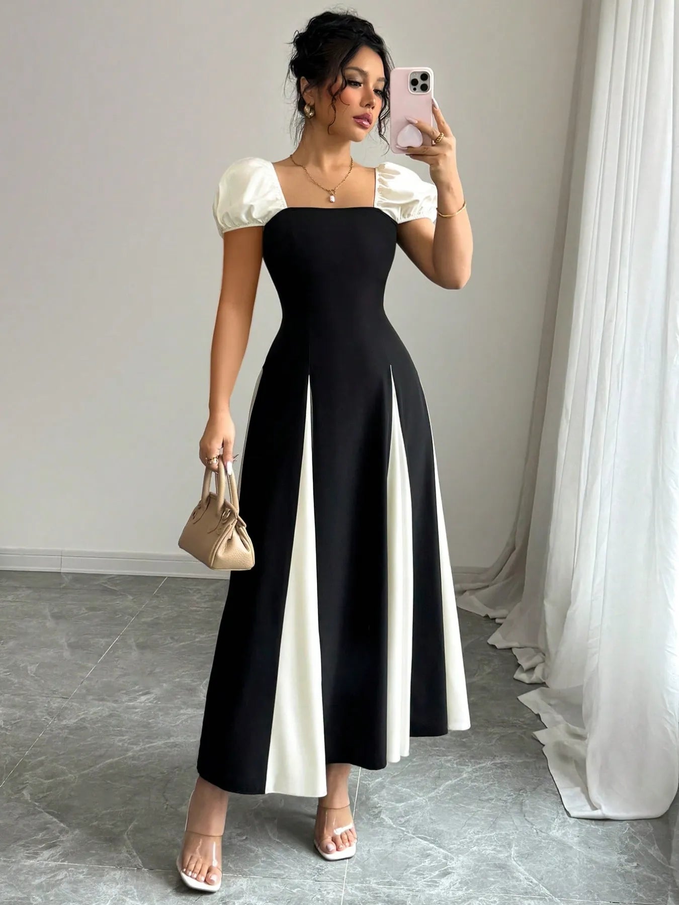 Black & White contrast puff sleeve midi dress A-line