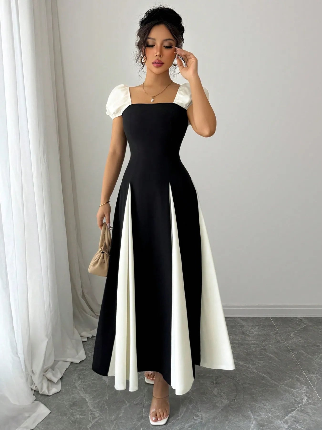 Black & White contrast puff sleeve midi dress A-line
