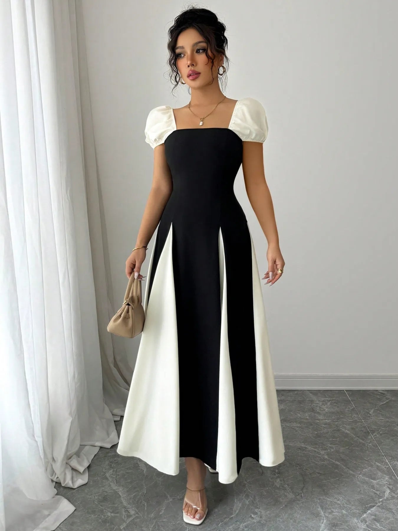 Black & White contrast puff sleeve midi dress A-line