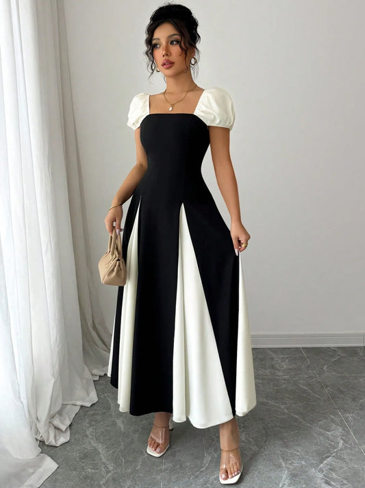 Black & White contrast puff sleeve midi dress A-line